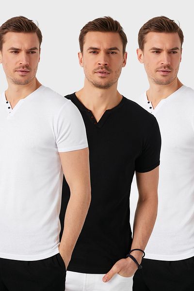 Buratti Cotton Button Detailed Slim Fit V-Neck 3 Pack t Shirt Men's t Shirts 5902122S3