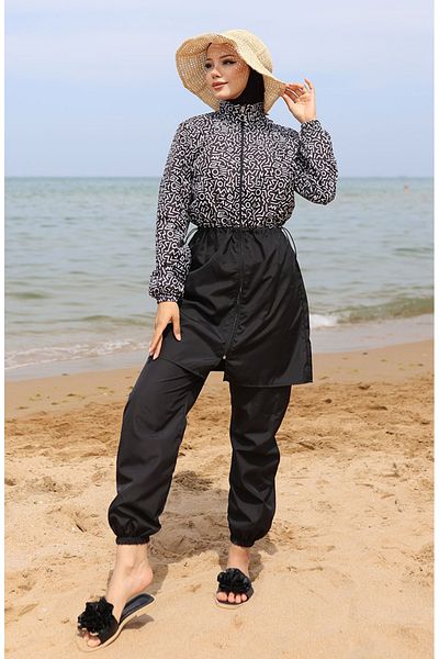 sefamerve Selen Elastic Waist Hijab Swimsuit 5043-01 Black White