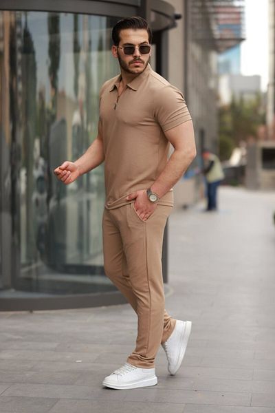 Kokosh moda Men's Collared Zippered T-Shirt Pants Double Casual Set