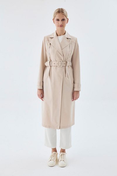 Zühre Double Breasted Collar Epaulet Detailed Belted Stone Trench Coat 13758