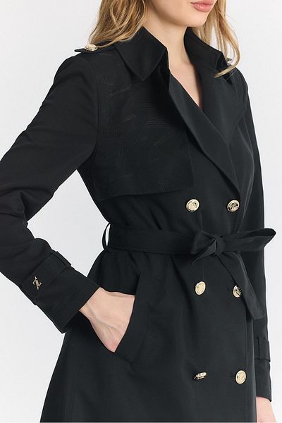 Zühre Double Breasted Collar Embroidery Detailed Black Trench Coat 13736