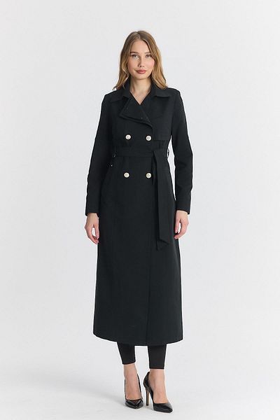 Zühre Belted Black Trench Coat with Stone Detail on Collar 13730