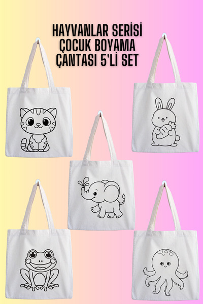 designedfy Hayvanlar Boyama Bez Çanta 5'li Set, Ham Bez Çanta, Boyama Çantası