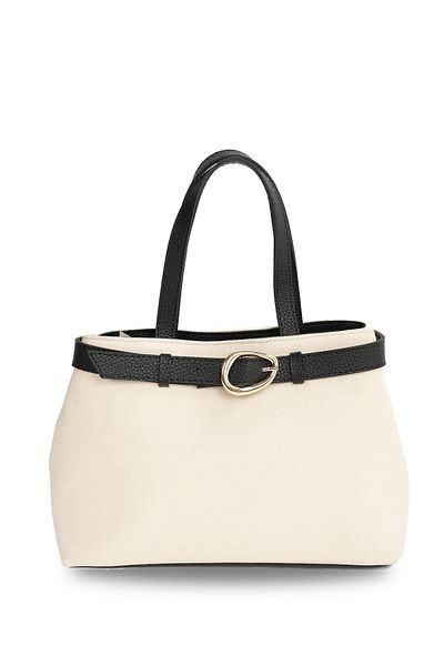 Mio Gusto Buckle Detailed Cream Fabric Black Color Handle Hand and Women's Shoulder Bag