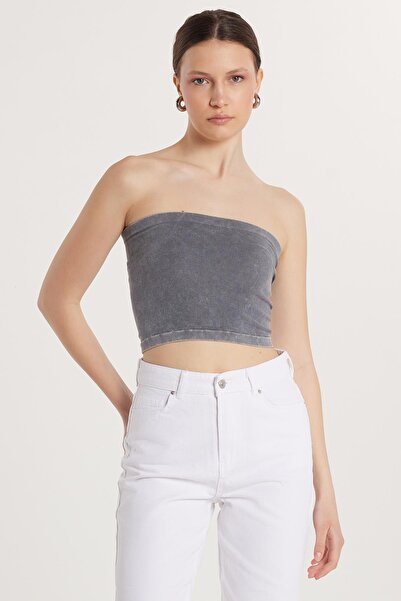Tudors Kadın Slim Fit Pamuklu Straplez Düz Antrasit Bluz