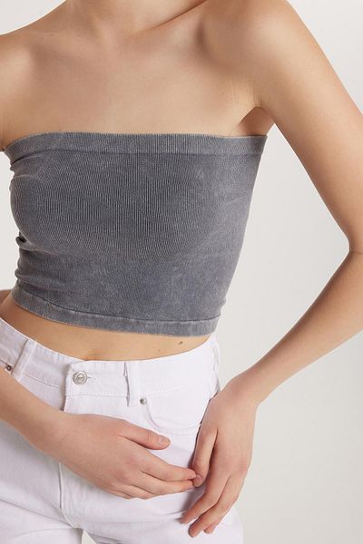 Tudors Women's Slim Fit Cotton Strapless Plain Anthracite Blouse