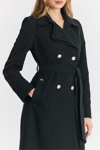 Zühre Belted Black Trench Coat with Stone Detail on Collar 13730