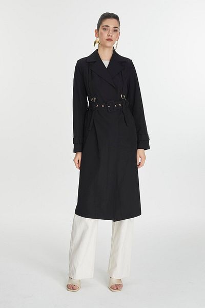 Zühre Double Breasted Collar Epaulet Detailed Belted Black Trench Coat 13758
