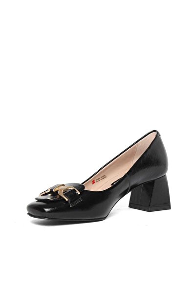 Celal Gültekin Kadın Siyah Tokalı Kalın Topuklu Rugan Deri Klasik Ayakkabı