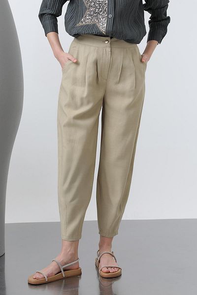 Puane Women's Shalwar Trousers with Elastic Front and Back Corsage - 18235Pnt - Olive