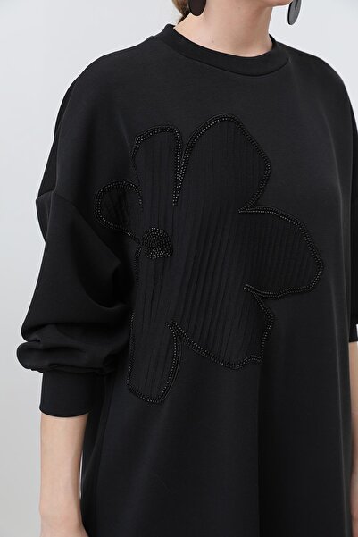 Puane Women's Front Embroidered Garni Detailed Tunic - 10627Tnk - Black