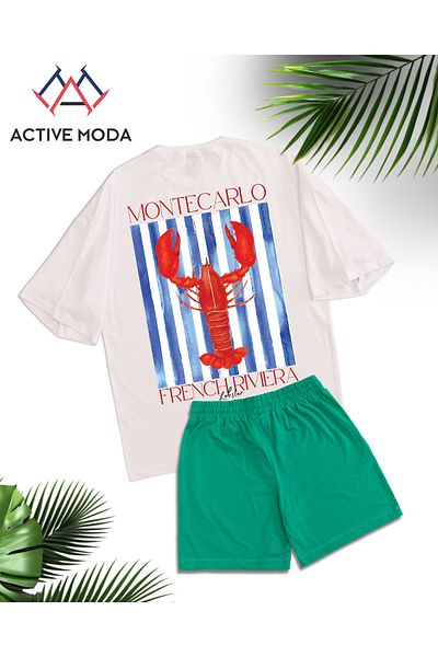 ACTIVE MODA -تيشيرت رجالي بأكمام قصيرة - شورت قطن مطبوع عليه جراد البحر