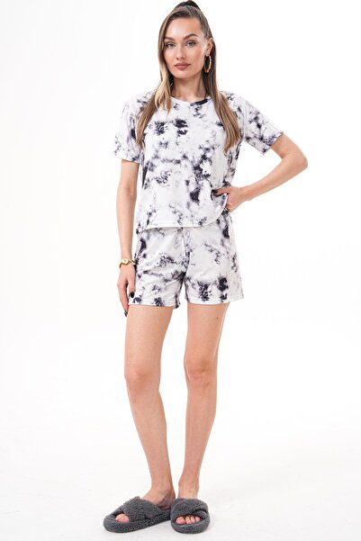 ŞİMAL Women's Patterned Crew Neck Oversize Shorts Suit 250180 -