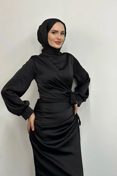 Abiye Diyarı Γυναικείο βραδινό φόρεμα με λεπτομέρεια από σατέν-μαύρο