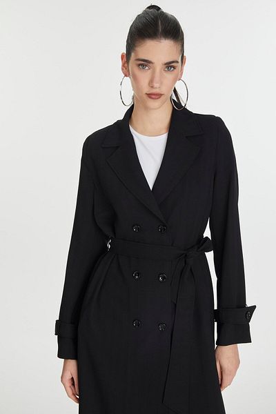 Zühre Double Breasted Collar Sleeve Detailed Belted Black Cap 13761