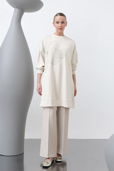 Puane Women's Front Embroidered Garni Detailed Tunic - 10627Tnk - Sand Beige-Beige