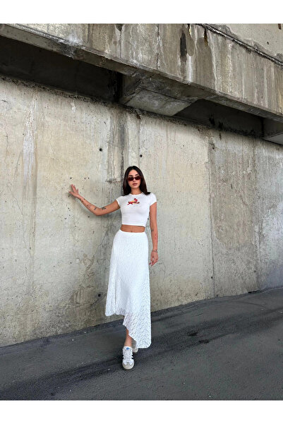 hazelin Жіноча біла асиметрична спідниця з підкладкою та мереживом HZL25S-ZK13571