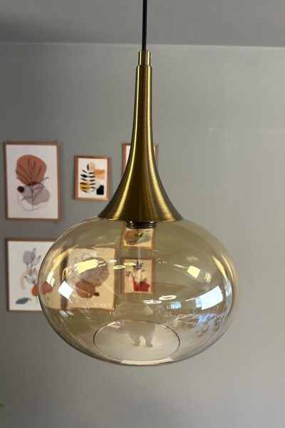 Bamyum Solvia Cam Bal Rengi Tekli Avize Eskitme Külah Başlık Retro Sarkıt Lamba Salon Aydınlatma