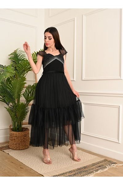 FULLJOY Long black crepe dress decorated with crystals on the chest and layered tulle on the shoulder and waist
