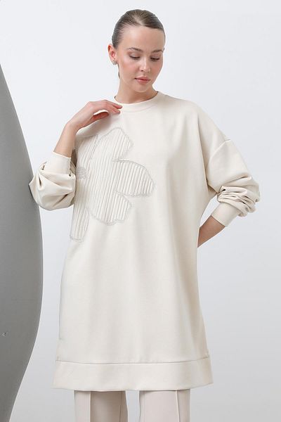 Puane Women's Front Embroidered Garni Detailed Tunic - 10627Tnk - Sand Beige-Beige