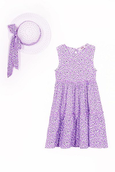 zepkids Crew Neck Zero Sleeve Floral Patterned Layered Hat Accessory Black Lilac Color Girl's Dress