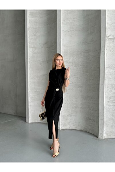 Moda Palmiss Kadın Siyah Taş Detaylı Yırtmaçlı Şık Midi Linda Elbise