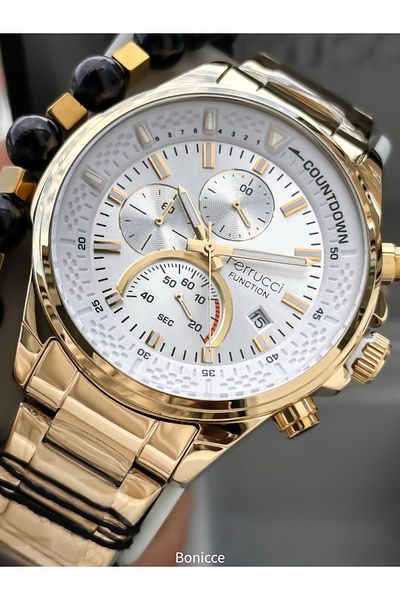 Ferrucci Functions Active White Dial, Yellow Steel Band,Guaranteed, Men's Wristwatch Bracelet with Calendar