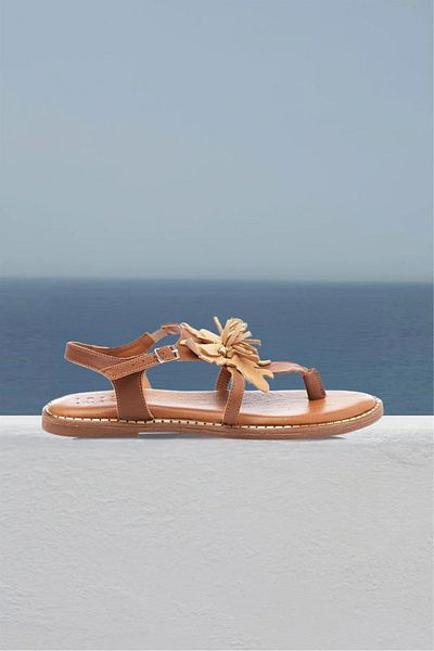 Deriderim Sandale pentru femei din piele întoarsă autentica, maro, florale - talpa flip flop, curea de piele maro la glezna