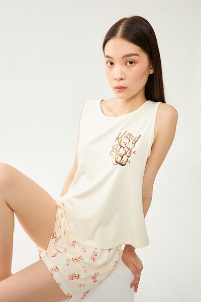 Ecrou Women's Beige Teddy Bear Printed Shorts Pajama Set