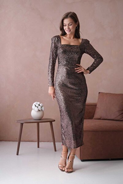 CİXAPLE Kare Yaka Pul Payetli Abiye Elbise