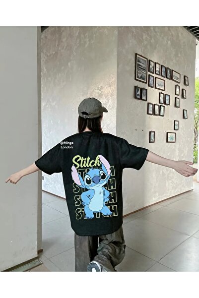 weywot Tricou oversize unisex cu imprimeu pe spate cu cusătură neagră