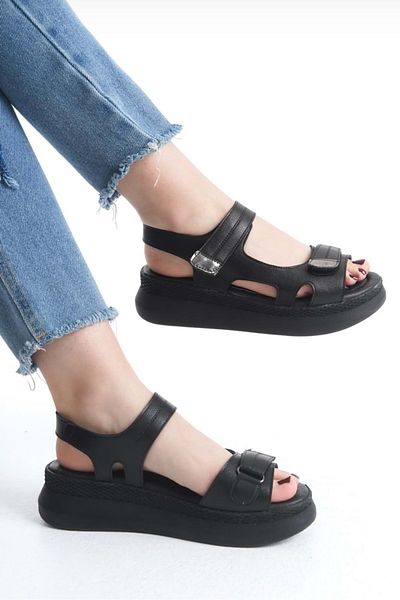 bulutmod Ba04577 Sandale de damă din piele neagră cu velcro cu talpă moale 5 cm - 36