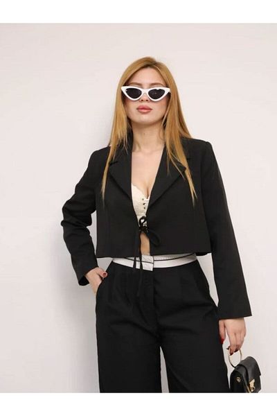 YONEZ MODA Women's Comfortable Fit Front Tie Detailed Lace up Crop Jacket