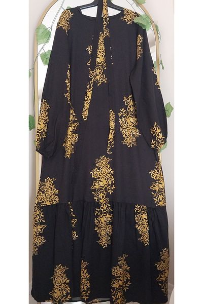 Dagü Design Hijab Ruffle Detailed Patterned Black, Gold Viscose Dress