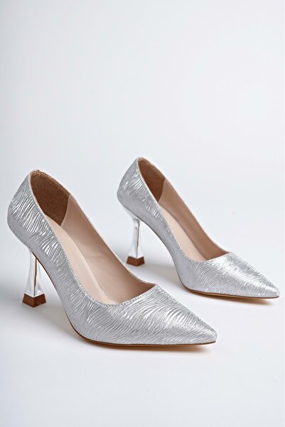 bulutmod BA04557 Stříbrné dámské třpytivé boty na podpatku Sitiletto
