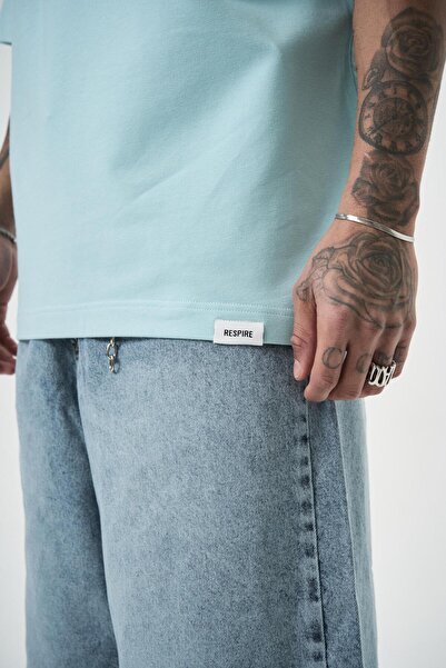 Respire Чоловіча футболка Skywalking з принтом, напівоверната застібка-блискавка, оверсайз, блакитна