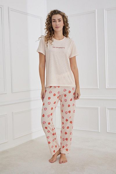 My Blog Salmon Short Sleeve Strawberry Patterned Pajama Set - 70109