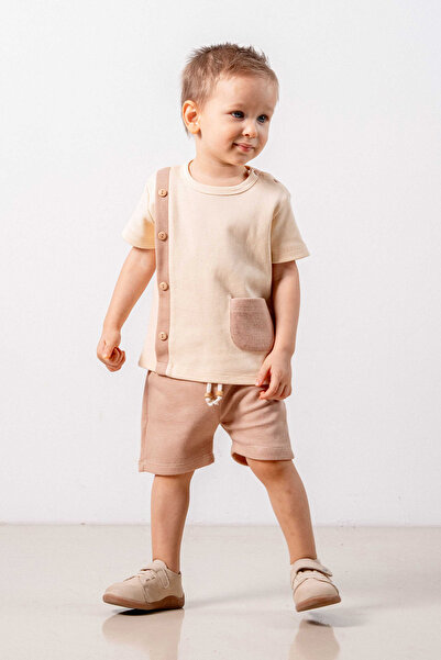 bombe Baby Kids Brown-Camel Bavlněná 2dílná sada s potiskem First I'm Trend Fashion Bottom Top Set