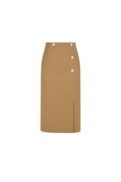 BİRELİN Asimetrik Düğmeli Yünlü Kalem Etek Ahşap Rengi