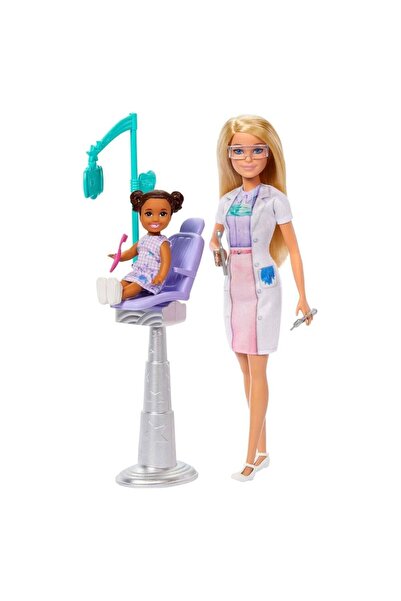 Barbie Diş Hekimi, sarışın bebek, 1 çocuk figürü, doktor temalı mobilya ve aksesuarlar JCR74