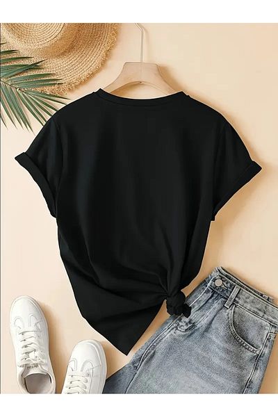 qubo sportswear & company Tricou negru cu mânecă scurtă, unisex, din bumbac, cu imprimeu supradimensionat