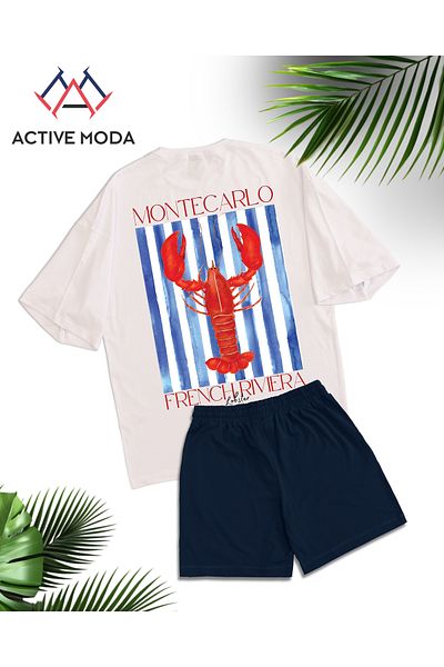 ACTIVE MODA -Men's Short Sleeve Tshirt-Shorts Cotton Lobster Printed