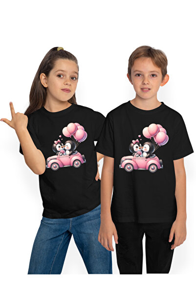 StoryGift Romania Tricou Copii cu 2 pinguini care se plimba cu masina, ilustr...