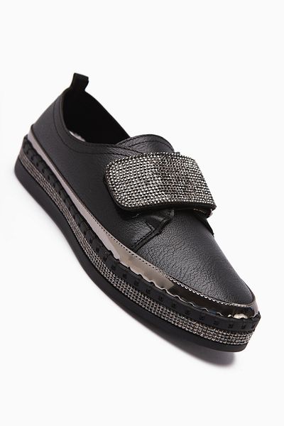 Limoya Valmira Black Velcro Stone Detailed Women's Casual Shoes