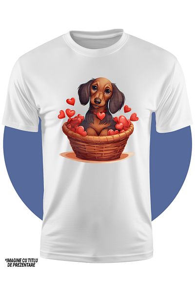 StoryGift Romania Tricou Copii Cu O Catelusa Care Sta Intr-un Cos, Ilustratie, Multe Inimioare, Pentru Iubit