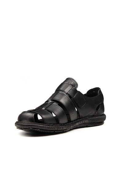 ALTUNTAŞ Full Orthopedic Genuine Leather Black Men's Sandals Slippers Velcro Shoes
