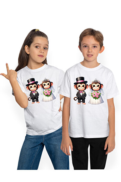 StoryGift Romania Tricou Copii cu 2 maimute la nunta, ilustratie, rochie de m...
