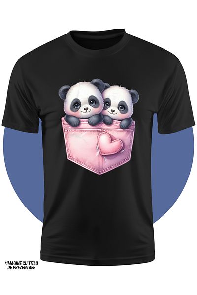 StoryGift Romania Tricou Copii cu 2 ursuleti Panda intr-un buzunar, ilustratie, inghesuiti, prietenie, imbuj