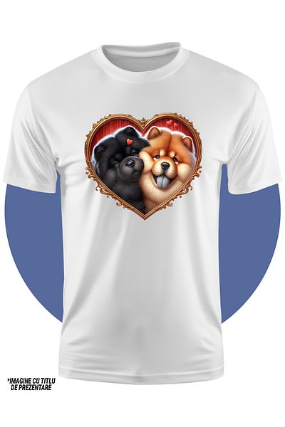 StoryGift Romania Tricou Copii cu o catelusa si un caine Chow Chow, ilustratie, cadru in forma de inima, mar