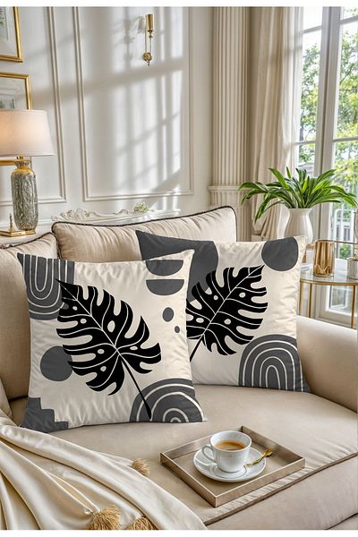 Hayal Dekoratif Bohemian Boho Themed Gray Cream Colored Decorative Gift 4-Piece Sofa Pillow - Throw Pillow Case Set